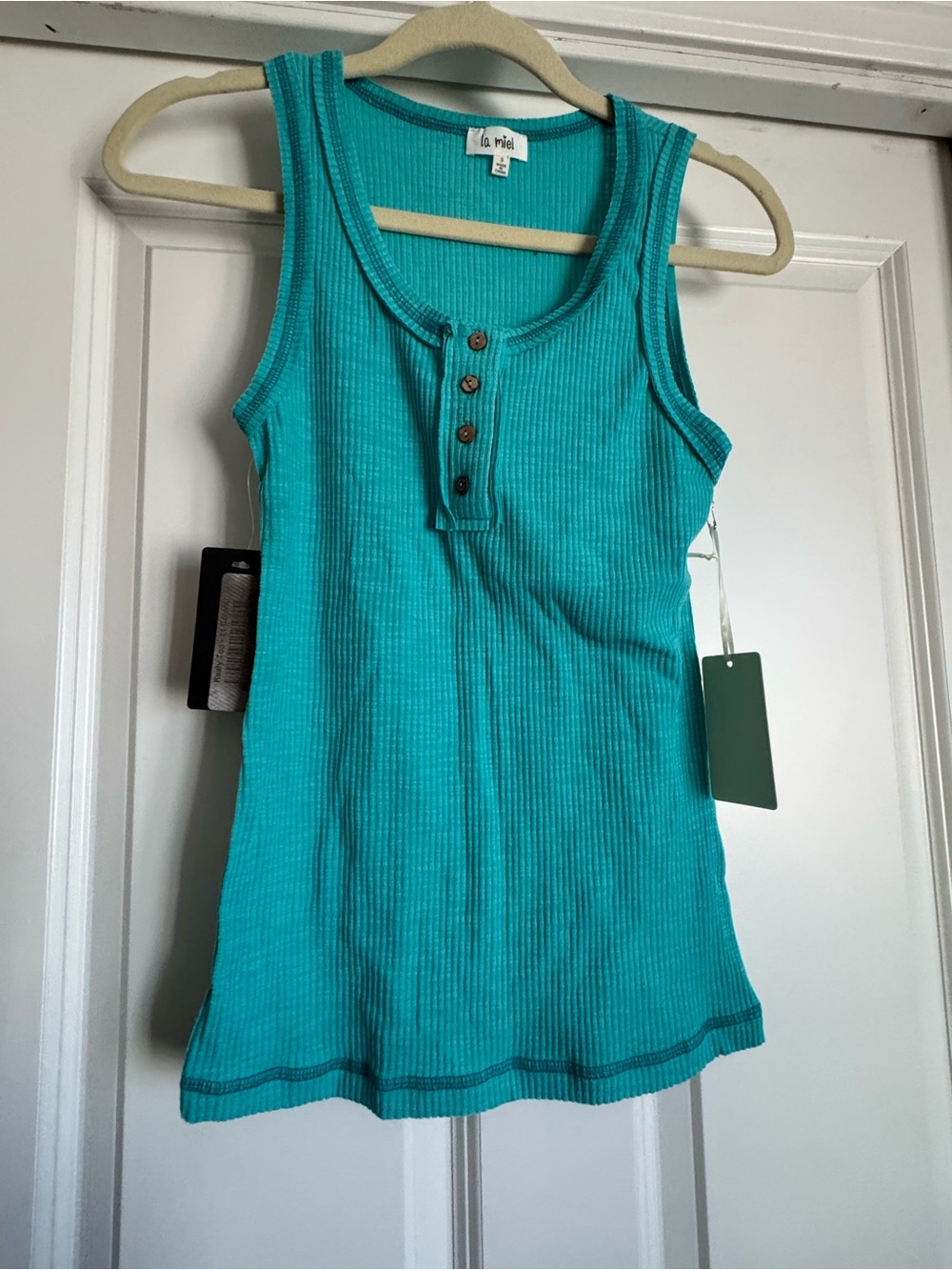 New La Miel Size Small Solid Turquoise Blue Green Ribbed Henley Tank Top